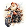 Watercolor Christmas postcard with classical Santa Clause in traditional costume riding red motorcycle against white