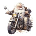 Watercolor Christmas postcard with classical Santa Clause in traditional costume riding red motorcycle against white