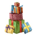 Watercolor Christmas presents. Hand painted bright gift boxes with ribbon isolated on white background. Holiday clip art