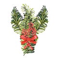 Watercolor Christmas red and green bouquet of Christmas fir branches, bow, holly for invitations, cards, stickers