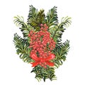 Watercolor Christmas red and green bouquet of Christmas fir branches, bow, holly for invitations, cards, stickers