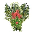 Watercolor Christmas red and green bouquet of Christmas fir branches, holly for invitations, cards, stickers, labels