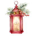 Watercolor Christmas red lantern with decor. Hand painted lamp, candle, fir branch, barberry, golden bells, fir cone and