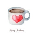 Watercolor Christmas coffee or hot chocolate mug. Hand painted New Year decor isolated on white background