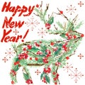 Watercolor Christmas reindeer. Wish Happy New Year text.