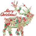 Watercolor Christmas reindeer. Wish Merry Christmas text.