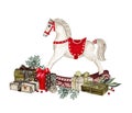 Watercolor christmas rocking horse kid toy with gift boxes illustration isolated Royalty Free Stock Photo