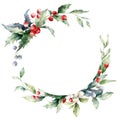 Watercolor Christmas round frame of red berries, holly and leaves. Hand painted holiday card of plants isolated on white