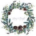 Watercolor Christmas Rustic Wreath Isolated on White