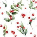 Watercolor Christmas samless pattern of red berries, leaves and branches. Hand painted winter plant isolated on white