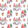 Watercolor Christmas Scandinavian pattern. Seamless background with cute gnomes in green and red hats and bells.