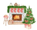 Watercolor Christmas scene with decorated fireplace and christmas tree. Hand painted white brick stone burning fire Royalty Free Stock Photo