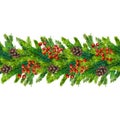 Watercolor christmas seamless borders of fir branches, cones and berries