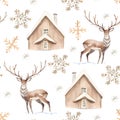 Watercolor Christmas seamless pattern with beige wood house and deers in winter forest. Hand painted illustration with Royalty Free Stock Photo