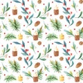 Watercolor Christmas seamless pattern with candle with Cinnamon,spruce branch, pine cone Royalty Free Stock Photo