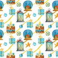 Watercolor Christmas seamless pattern with candles, glass sphere, stars, and gifts