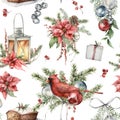 Watercolor Christmas seamless pattern with cardinal bird, lantern, poinsettia, cake and fir branches. Hand painted Royalty Free Stock Photo