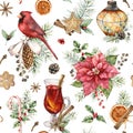 Watercolor Christmas seamless pattern with cardinal and poinsettia. Hand painted card with lantern and mulled wine