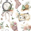 Watercolor Christmas seamless pattern with clock and sock. Hand painted fir branches, envelopes and cookies isolated on
