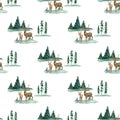 Watercolor Christmas seamless pattern with deer, forest landscape. Hand painted male buck and fawn deer with fir trees Royalty Free Stock Photo