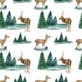 Watercolor Christmas seamless pattern with deer and landscape. Hand painted realistic buck, fawn deer with fir trees Royalty Free Stock Photo