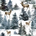 Watercolor Christmas seamless pattern with deers, forest and snow. Hand painted fir trees isolated on white background