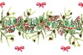 Watercolor Christmas seamless pattern with fir branches, holly, red berries, fir cones and pink bows