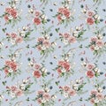 Watercolor Christmas seamless pattern of flowers with pink roses, cotton, blue Thistle and lunaria. Hand painted flowers