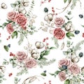 Watercolor Christmas seamless pattern of flowers with pink roses, cotton, blue Thistle and lunaria. Hand painted plants