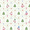 Watercolor Christmas seamless pattern with gnomes, Christmas trees and wreaths on white background