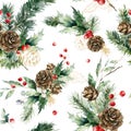 Watercolor Christmas seamless pattern of gold pine cone, branch, red berries and leaves. Hand painted holiday plants Royalty Free Stock Photo