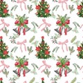 Watercolor Christmas seamless pattern with green fir tree and bells decoration on white background. Winter holiday print Royalty Free Stock Photo