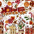 Watercolor Christmas seamless pattern. hand drawn cute winter town