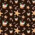 Watercolor Christmas seamless pattern with hand drawn elements: gingerbread, cane candy, pudding, holly leaves.