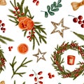 Watercolor Christmas seamless pattern. Hand drawn wreath, bouquet with fir branches, red berries, dried orange slices Royalty Free Stock Photo