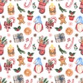 Watercolor Christmas seamless pattern with hand painted candy cane, gift, gingerbread cookie, candle, knitted mitten, gnome Royalty Free Stock Photo