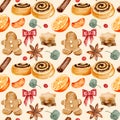 Watercolor Christmas seamless pattern with holiday elements