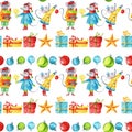 Watercolor Christmas seamless pattern with mice and presents on a white backdrop