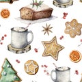 Watercolor Christmas seamless pattern of mug, cake and cocoa. Hand painted cup, marshmallow and cookies isolated on Royalty Free Stock Photo