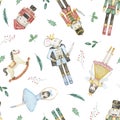 Watercolor Christmas seamless pattern with nutcracker, ballerina, king mouse and toys Royalty Free Stock Photo