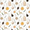 Watercolor Christmas seamless pattern with organic decorations in minimalistic Scandinavian style