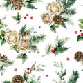 Watercolor Christmas seamless pattern of pine branch, white rose, red berries and leaves. Hand painted holiday plants isolated on Royalty Free Stock Photo