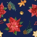 Watercolor Christmas seamless pattern with poinsettia, eucalyptus branches, berries on a blue background. Royalty Free Stock Photo