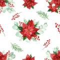 Watercolor Christmas seamless pattern with poinsettia, eucalyptus branches, berries on a white background. Royalty Free Stock Photo