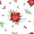 Watercolor Christmas seamless pattern with poinsettia, eucalyptus branches, berries on a white background. Royalty Free Stock Photo