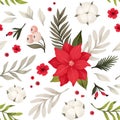 Watercolor Christmas Seamless pattern with poinsettia, green branches, cotton, red berries, eucalyptus. Winter