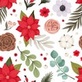 Watercolor Christmas Seamless pattern with poinsettia, green branches, cotton, red berries, eucalyptus. Winter