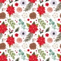 Watercolor Christmas Seamless pattern with poinsettia, green branches, cotton, red berries, eucalyptus. Winter