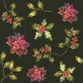 Watercolor Christmas seamless pattern with poinsettia, holly and mistletoe sprigs with berries. Hand painted holiday