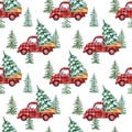 Watercolor Christmas seamless pattern with red buffalo plaid truck and pine trees on white background. Winter print Royalty Free Stock Photo